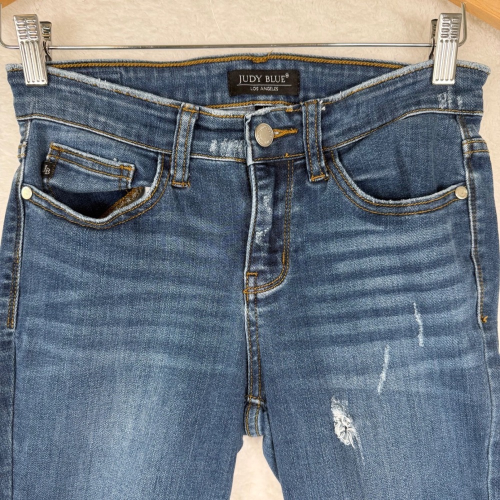 Judy Blue Mid Rise Distressed Skinny Jeans Dark Wash Raw Hem JB82138DK Size 3/26 - Picture 3 of 10